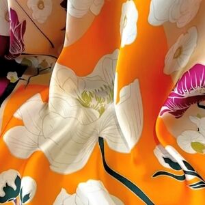 🧡 Floral Colorblocked Silky Scarf Square- Orange, Purple, Cream And Green